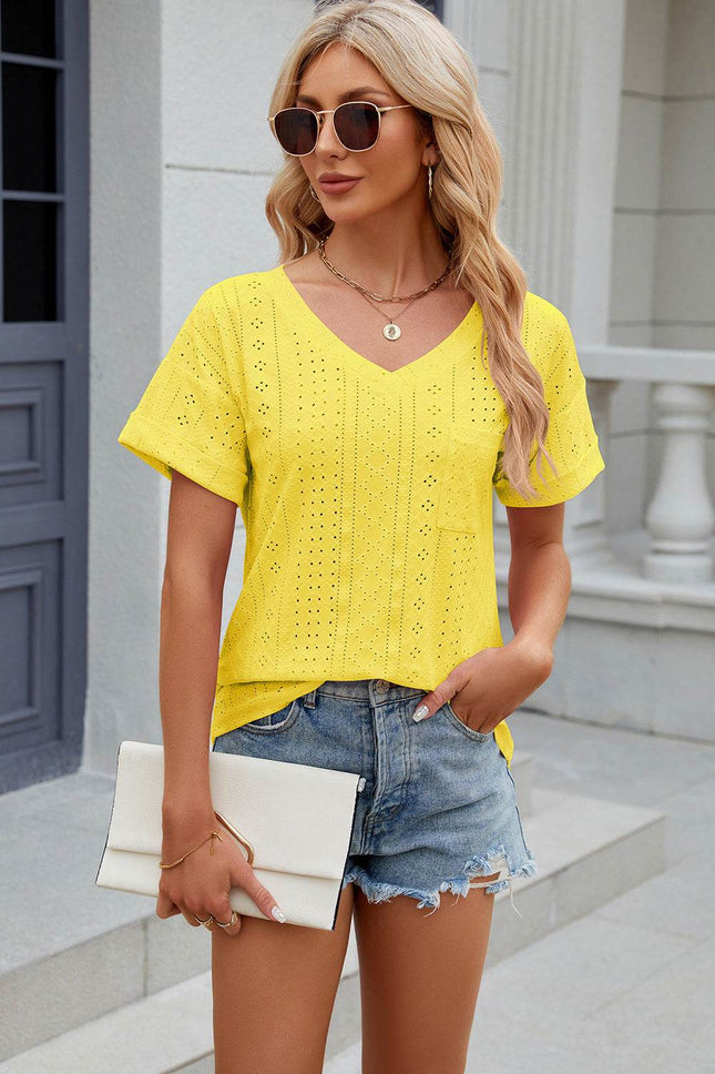 Eyelet V-Neck Short Sleeve T-Shirt - MimiStylez