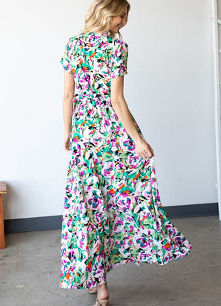 First Love Slit Printed Surplice Tie Waist Short Sleeve Dress - MimiStylez