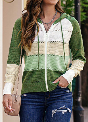 Zip-Up Raglan Sleeve Openwork Hooded Cardigan - MimiStylez