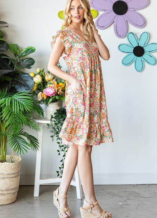 Heimish Full Size Floral Ruffled V-Neck Dress - MimiStylez