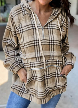 Drawstring Plaid Half Zip Raglan Sleeve Hoodie - MimiStylez