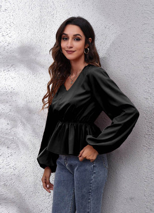 V-Neck Balloon Sleeve Peplum Blouse - MimiStylez