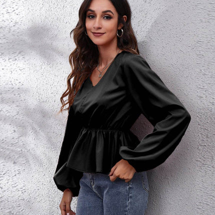 V-Neck Balloon Sleeve Peplum Blouse - MimiStylez