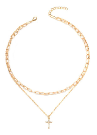 Double Layered Inlaid Zircon Cross Pendant Necklace - MimiStylez