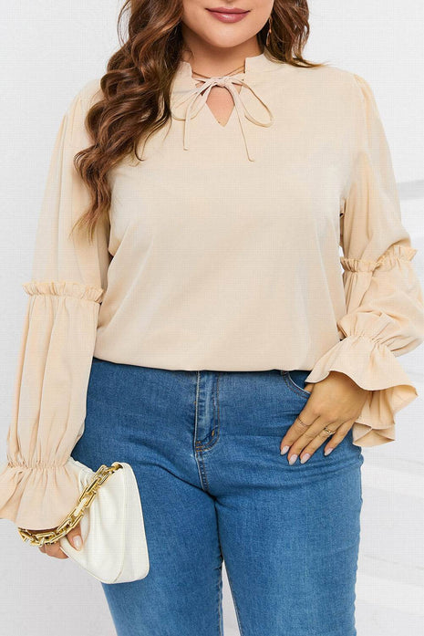 Plus Size Ruffled Tie Neck Flounce Sleeve Blouse - MimiStylez