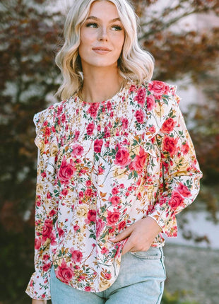 Floral Round Neck Smocked Blouse - MimiStylez