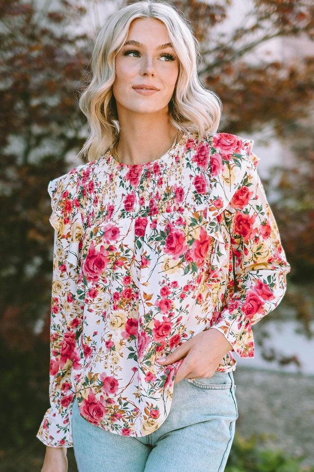 Floral Round Neck Smocked Blouse - MimiStylez