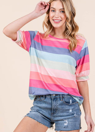 BOMBOM Striped Round Neck Half Sleeve T-Shirt - MimiStylez