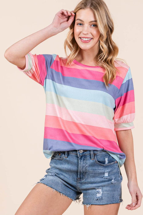 BOMBOM Striped Round Neck Half Sleeve T-Shirt - MimiStylez