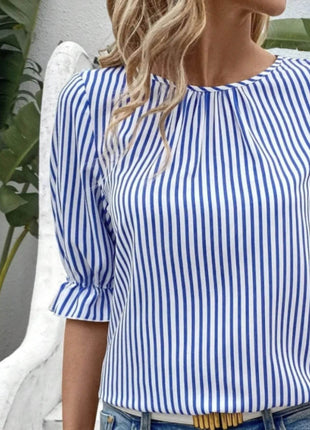 Striped Round Neck Half Sleeve Casual Blouse - MimiStylez