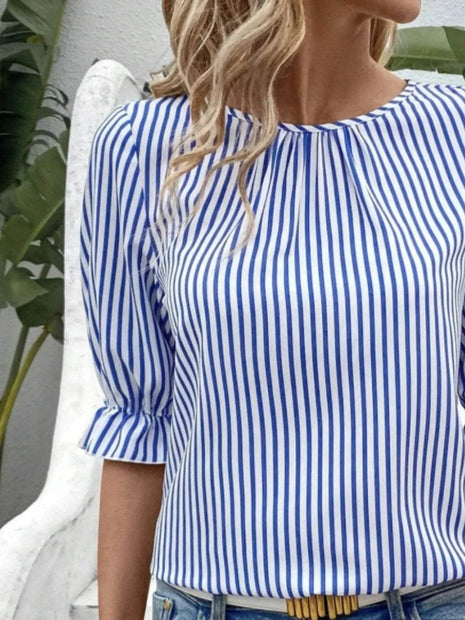 Striped Round Neck Half Sleeve Casual Blouse - MimiStylez