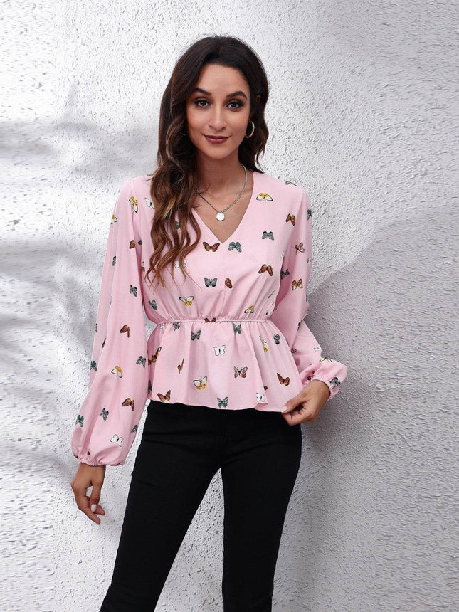 Butterfly V-Neck Balloon Sleeve Peplum Blouse - MimiStylez