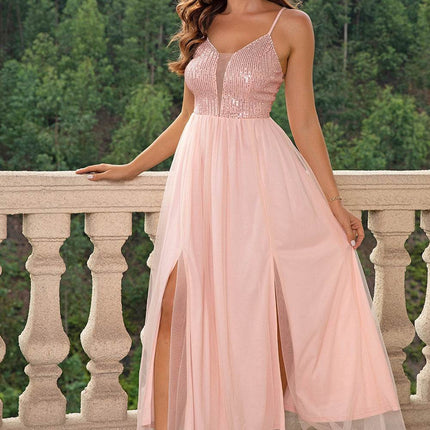 Spaghetti Strap Slit Mesh Dress - MimiStylez