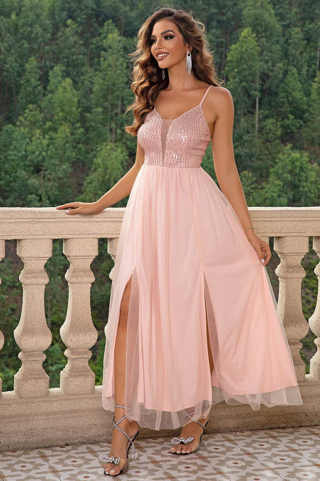 Spaghetti Strap Slit Mesh Dress - MimiStylez