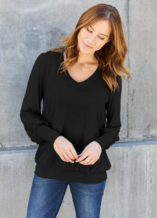 Basic Bae Full Size V-Neck Lantern Sleeve Blouse - MimiStylez