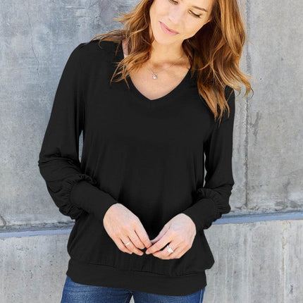 Basic Bae Full Size V-Neck Lantern Sleeve Blouse - MimiStylez