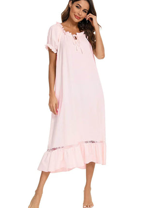 Lace Detail Short Sleeve Lounge Dress - MimiStylez