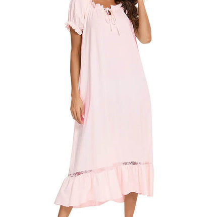 Lace Detail Short Sleeve Lounge Dress - MimiStylez