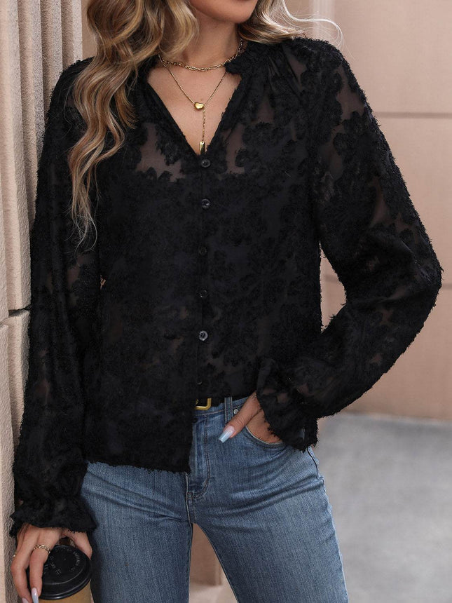 Lace Button Front Long Sleeve Top - MimiStylez