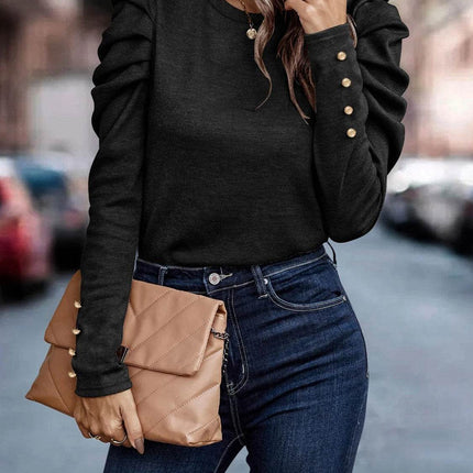Decorative Button Puff Sleeve T-Shirt - MimiStylez