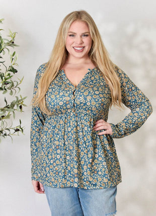 Heimish Full Size Floral Half Button Long Sleeve Blouse - MimiStylez
