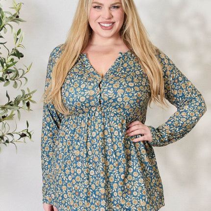 Heimish Full Size Floral Half Button Long Sleeve Blouse - MimiStylez