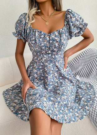 Floral Sweetheart Neck Flounce Sleeve Mini Dress - MimiStylez