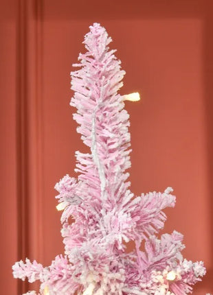 6FT Prelit Flocked Pencil Christmas Tree - Pine Realistic Branches, Warm White LED Lights, Auto Open, Pink And White