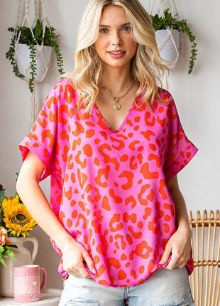 First Love Leopard V-Neck Short Sleeve Woven Top - MimiStylez