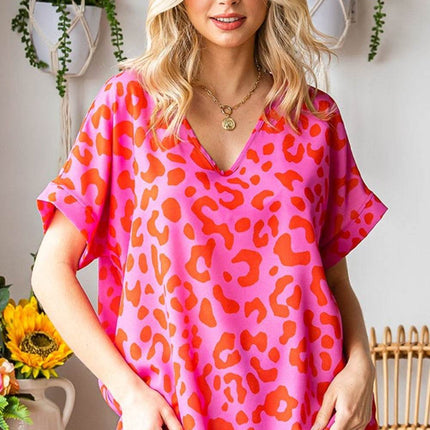 First Love Leopard V-Neck Short Sleeve Woven Top - MimiStylez