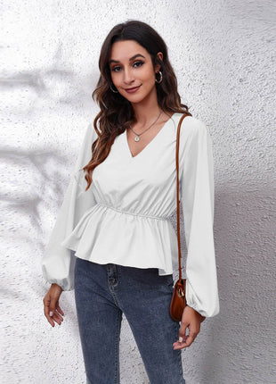 V-Neck Balloon Sleeve Peplum Blouse - MimiStylez