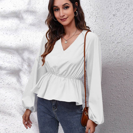 V-Neck Balloon Sleeve Peplum Blouse - MimiStylez
