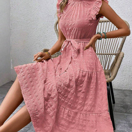 Tied Ruffled Cap Sleeve Midi Dress - MimiStylez