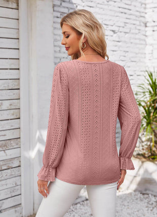 Applique V-Neck Flounce Sleeve T-Shirt - MimiStylez