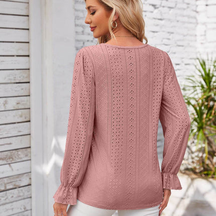 Applique V-Neck Flounce Sleeve T-Shirt - MimiStylez