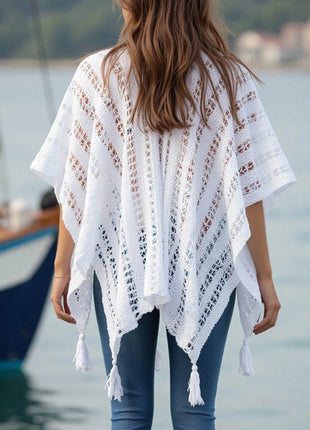 Openwork Tassel Open Front Knit Cover Up - MimiStylez