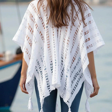Openwork Tassel Open Front Knit Cover Up - MimiStylez
