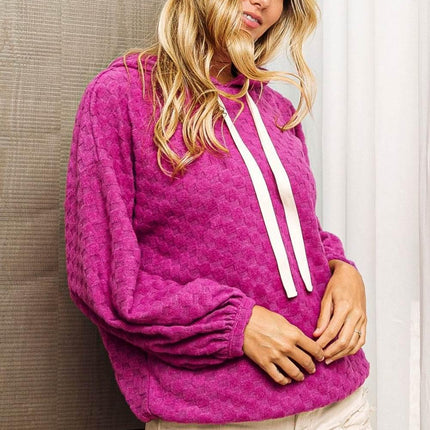 BiBi Brushed Checker Drawstring Long Sleeve Hoodie - MimiStylez