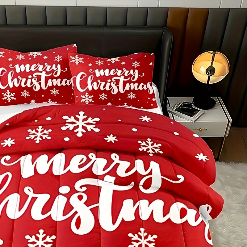 3pcs Set Red Christmas Snowflake & Alphabet Comforter Set - Ultra-Soft Polyester Digital Print, Includes 1 Comforter & 2 Pillowcases, Machine Washable