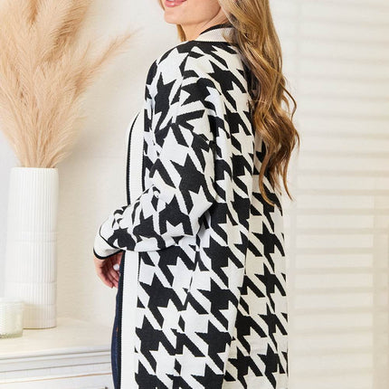 Woven Right Houndstooth Open Front Longline Cardigan - MimiStylez