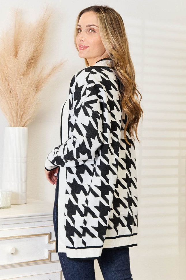 Woven Right Houndstooth Open Front Longline Cardigan - MimiStylez