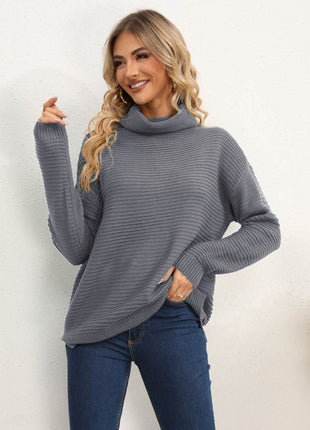 Slit Turtleneck Dropped Shoulder Sweater - MimiStylez
