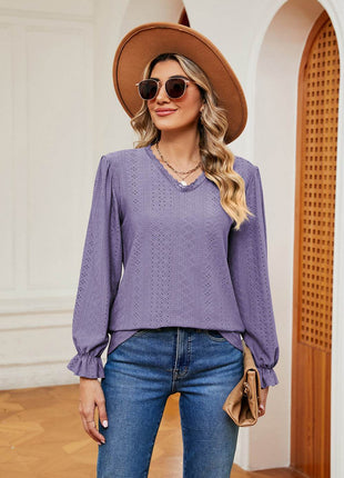 V-Neck Flounce Sleeve Blouse - MimiStylez