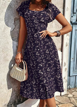 Summer Floral Print Maxi Dress Women Button Up Split Long Flowy Bohemian Beach Party Dresses - MimiStylez