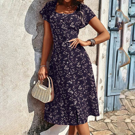 Summer Floral Print Maxi Dress Women Button Up Split Long Flowy Bohemian Beach Party Dresses - MimiStylez