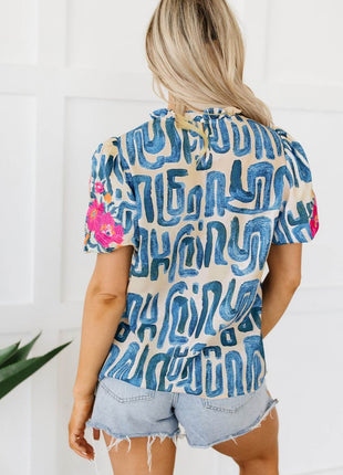 Embroidered Printed Mock Neck Short Sleeve Blouse - MimiStylez