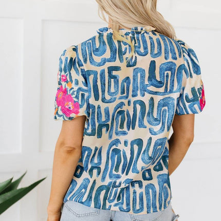 Embroidered Printed Mock Neck Short Sleeve Blouse - MimiStylez