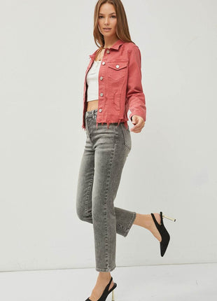 RISEN Raw Hem Button Up Cropped Denim Jacket - MimiStylez
