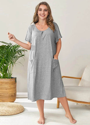 Plus Size Round Neck Short Sleeve Lounge Dress - MimiStylez