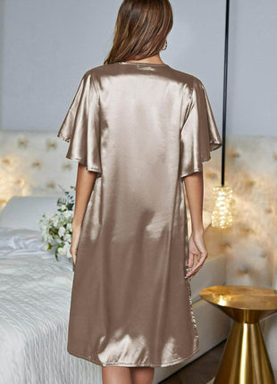 Satin Flutter Sleeve Side Slit V-Neck Night Dress - MimiStylez